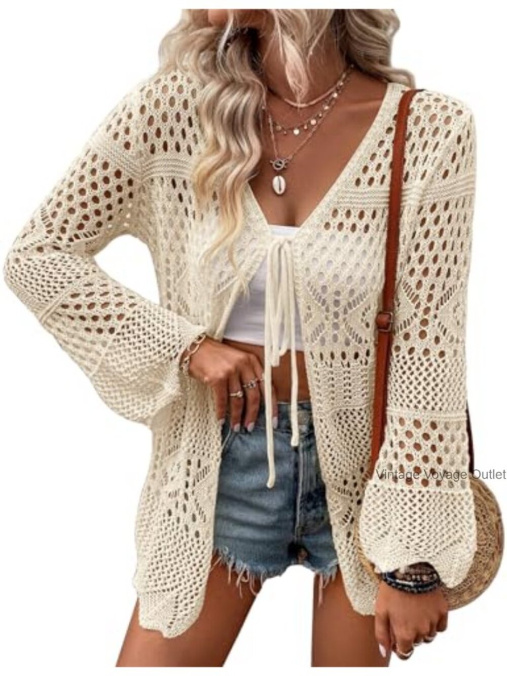 Crochet Cardigan Lightweight Long Sleeve Tie Front Hollow Out Thin